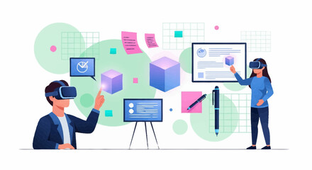 Man and woman use VR headset and stylus to edit virtual document on screen, surrounded by floating cubes in a white studio illustration