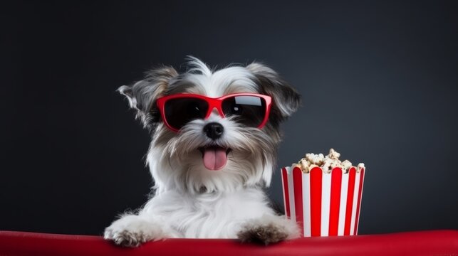 Cute little dog watching a movie wearing 3d glasses and eating popcorn, sitting in a red armchair