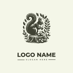 Obraz premium A vintage-style woodcut illustration of a squirrel on a tree stump surrounded by leaves, with a circular logo design and space for a logo name and slogan.