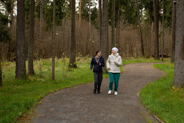 Fototapeta premium Two women jogging on forest path in autumn, concept of support, friendship, and healing through physical activity.