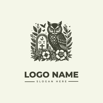 A vintage-style woodcut illustration of an owl perched beside a tombstone, surrounded by floral elements and foliage, forming a logo design with a placeholder name and slogan on a cream