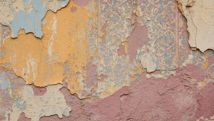 Obraz premium Weathered exterior wall shows layers of peeling paint in muted tones of ochre, rose, and pale blue plaster.