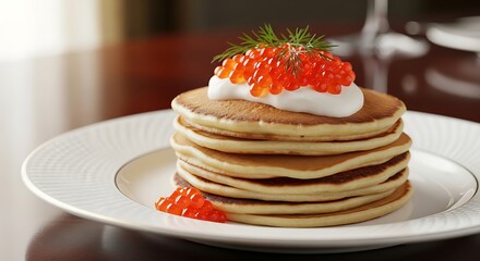 Classic Russian Blini Stack with Red Caviar, Sour Cream, and Fresh Dill