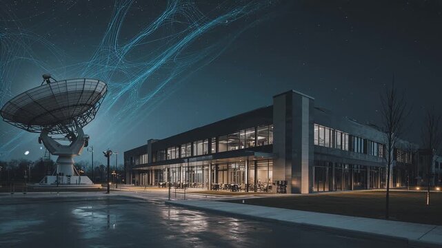 Modern command center exterior at night, satellite dishes and antennas silhouetted against dark sky. Subtle glowing data lines in the air suggest cyber operations and hybrid warfare.
