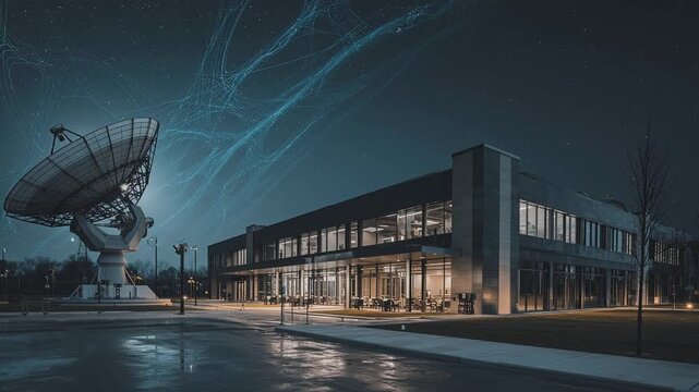 Modern command center exterior at night, satellite dishes and antennas silhouetted against dark sky. Subtle glowing data lines in the air suggest cyber operations and hybrid warfare.
