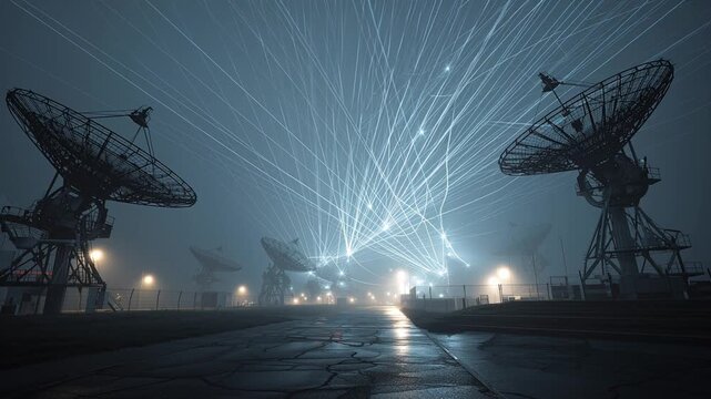 Modern command center exterior at night, satellite dishes and antennas silhouetted against dark sky. Subtle glowing data lines in the air suggest cyber operations and hybrid warfare.
