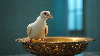 Elegant White Dove Perched on Ornate Golden Bowl Symbolizing Peace Hope and Freedom Against Teal Background