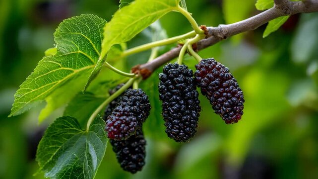 Ripe mulberries hanging from a tree branch with green leaves