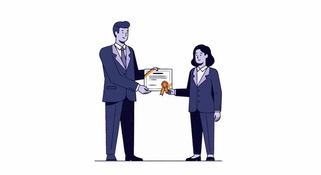 Man and woman presenting a certificate on a podium, formal suits, acceptance captured in a business illustration