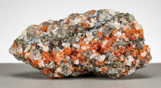 A collectible geological specimen of sylvinite with mixed salt crystals of orange sylvite and grey halite