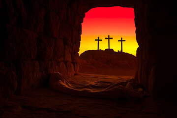 Empty Tomb at Sunrise Three Crosses on Hill Hope and Redemption Represented in Silhouette against Bright Sky