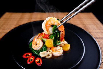 Exquisite Shrimp Stir Fry with Vegetables Served on Black Plate using Chopsticks for Asian Cuisine Presentation