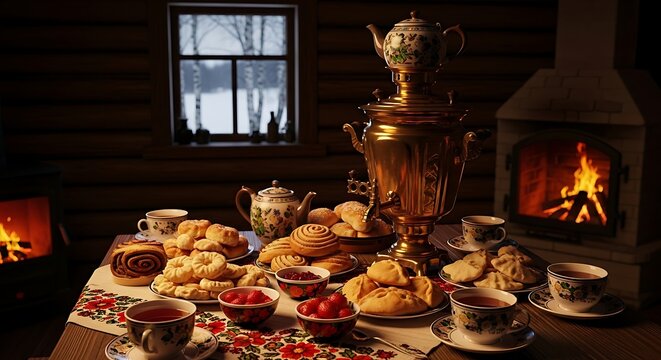 Traditional Russian Tea Ceremony with Samovar and Pastries