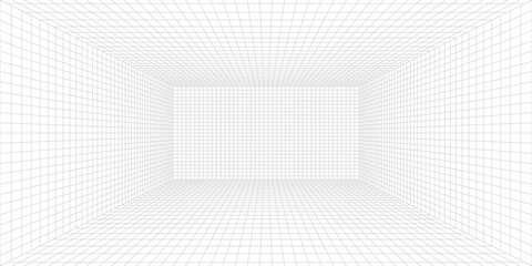 Room projection grid in futuristic 3d style. Outline futuristic grid background, room projection. Wireframe grid template in perspective view