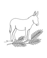 Fototapeta premium Palm Sunday Donkey and Palm Branches Continuous Line Drawing. Minimalist Christian Easter Illustration. Holy Week Symbol. AI Generated.