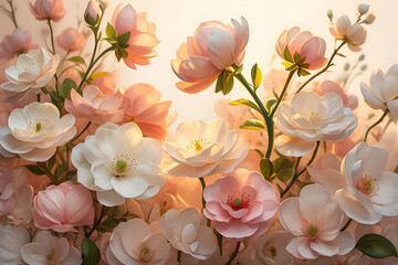 Floral Bloom Pastel Pink and White Flowers Soft Light Romantic Atmosphere Delicate Petals and Green Stems Artistic Design