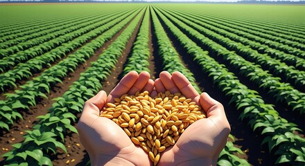 Hands holding soybeans with rows of healthy soybean plants in the background