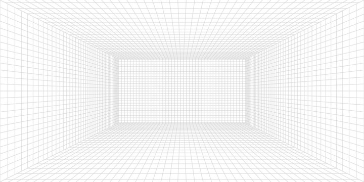 Room projection grid in futuristic 3d style. Outline futuristic grid background, room projection. Wireframe grid template in perspective view