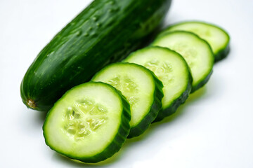 Fresh Green Cucumber and Sliced Cucumber Rounds Close Up Healthy Food Photography