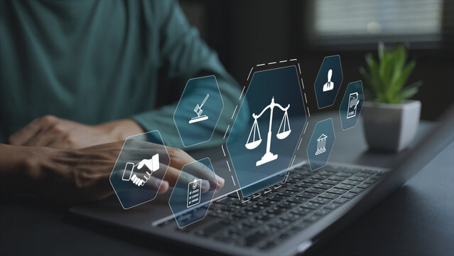 Digital legal advice service with virtual justice and compliance icons. Lawyer or business professional providing legal support, consultation and documentation via online platforms.