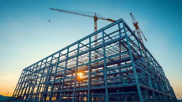 Steel framed commercial building under construction with tower cranes at sunrise, large scale urban development showcasing structural progress