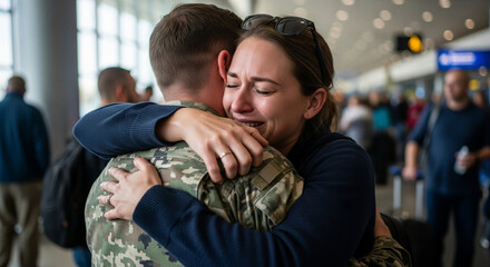 Fototapeta premium Emotional reunion at airport, soldier embraces loved one with tears of joy