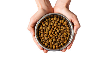 Hands Holding Bowl Full of Pet Food Isolated on White Background Perfect for Advertising Pet Care and Pet Food Brands