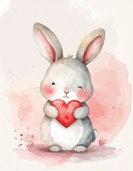 Fototapeta premium A cute, watercolor illustration of a rabbit holding a red heart, surrounded by soft pink splashes, conveying warmth and affection.