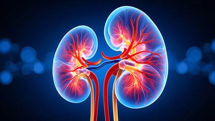 Medical illustration of human kidneys with arteries and veins concept of renal system health and disease with blue background