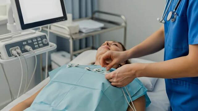 Female medical professional applies electrodes on woman for electrocardiogram. Cardiological diagnostic equipment in a hospital.