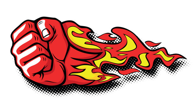 Red flaming fiery fist. Clenched fist in burning fire. Vector on transparent background