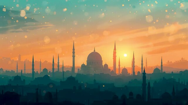 Sunset skyline of historic Islamic city with grand mosque dome and slender minarets glowing under warm sky at evening horizon