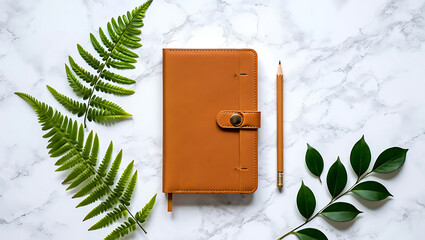 Minimalist Workspace Flat Lay Featuring a Tan Leather Journal Pencil and Greenery on Marble Background for Creative Work and Organization