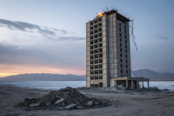 Obraz premium An abandoned, lone Brutalist concrete skyscraper stands isolated against a vast, desolate landscape at twilight