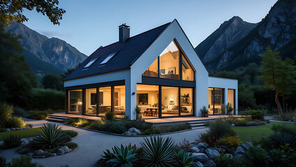 Modern House Design with Mountain View Luxurious Home Exterior with Landscaped Garden and Path in Serene Setting at Dusk
