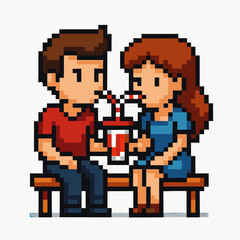 Fototapeta premium Pixel art couple sharing a drink on a bench in a retro style