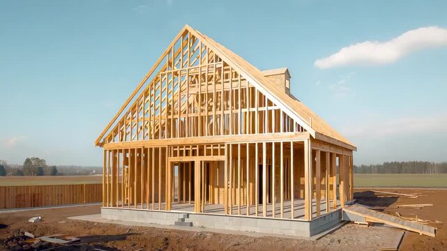 Wooden house frame under construction on open land with exposed timber structure, pitched roof trusses, residential building progress