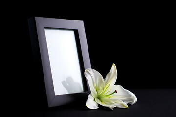 Sorrowful Remembrance Elegant White Lily beside Black Picture Frame on Dark Backdrop Symbolic of Loss and Mourning