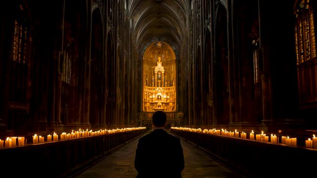 Solitary person walking through candlelit gothic cathedral interior toward illuminated altar, vast sacred hall with dramatic arches