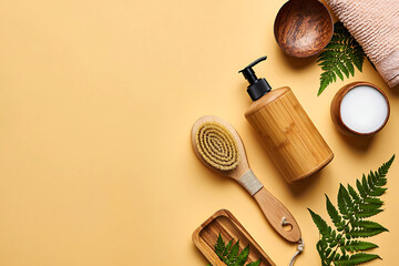 Spa and wellness composition with natural body care products featuring bamboo and wooden elements for relaxation and rejuvenation