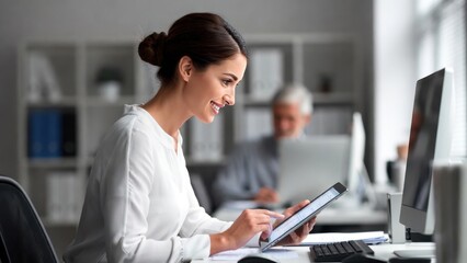 Asian female young professional smiling in modern office using tablet and computer.