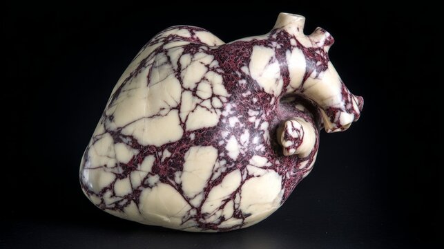 encroaching. A marble-sculpted human heart cross-section with a glossy, fatty texture encroaching on one side. STEM education sheets.
