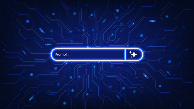 Enter prompt to command AI generate ideas. Generative or search bar on futuristic circuit motherboard. Artificial intelligence technology for digital content and automated data transformation. Vector.