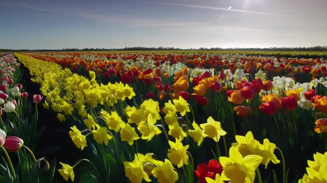 Colorful field of blooming daffodils and tulips under bright clear sky, vibrant spring flowers in breeze, sunny Easter garden scene, slow pan video footage