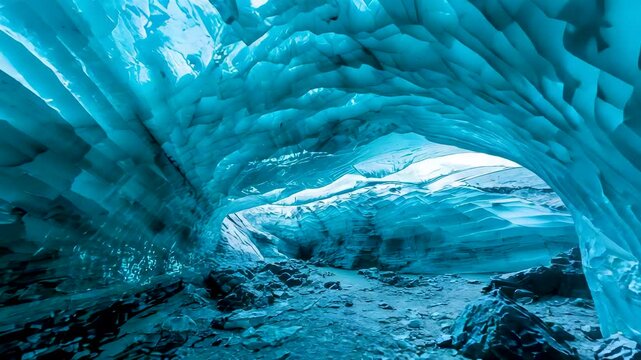 Majestic blue ice cavern tunnel with textured frozen ceiling, meltwater floor, arctic landscape revealing organic geological formations