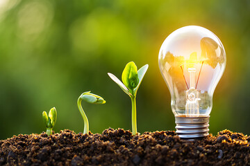 Sustainable Growth and Renewable Energy Concepts Featuring Sprout Development Stages and Glowing Light Bulb Symbolizing Innovative Ideas