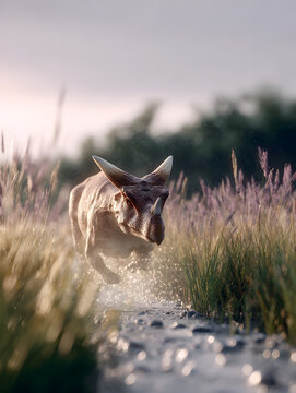 Stygimoloch charging across prehistoric meadow with dome skull, photorealistic cinematic rendering