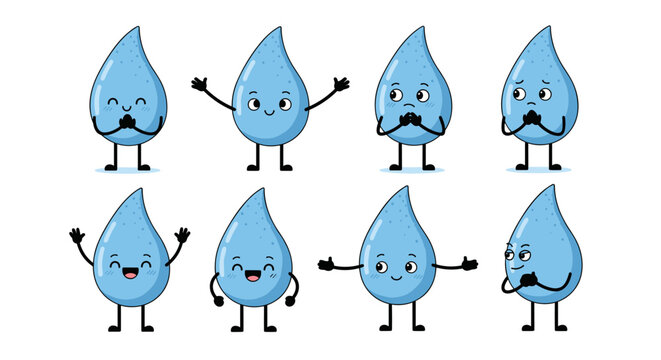 Cute Water Droplet Characters Expressing Emotions in a Playful Style: These adorable cartoon water drop mascots display various expressions like happiness, sadness, and curiosity,.