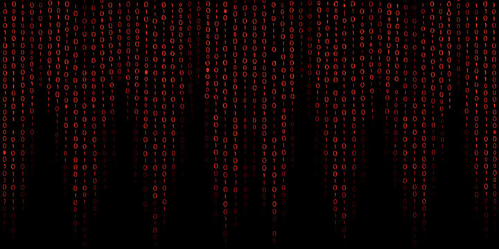 Digital rain of binary code cascades down a dark black background