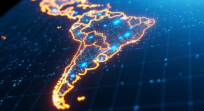 Glowing outline of south america with illuminated city lights against a dark blue background